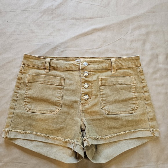 OAT‎ New York Women's Tan Mid-Rise  Button-Fly Cut-off Stretch Shorts Size 30 - Picture 1 of 12